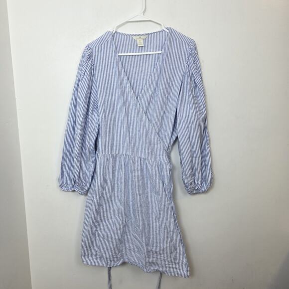 H&M Blue White Striped Linen Blend Coastal Long Sleeve Wrap Mini Dress Size L - Picture 2 of 9